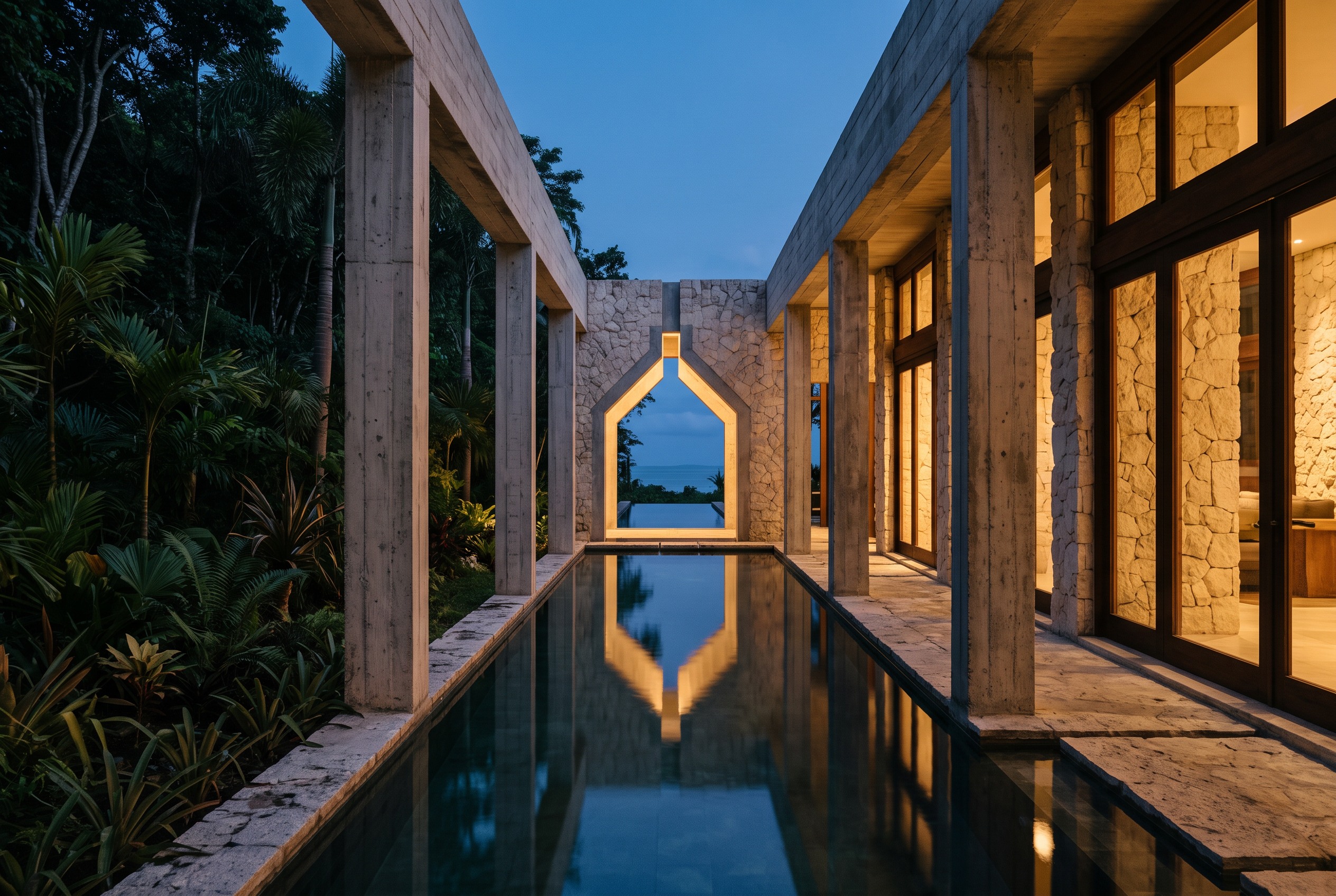Imagined tropical retreat with stone architecture and a reflecting pool