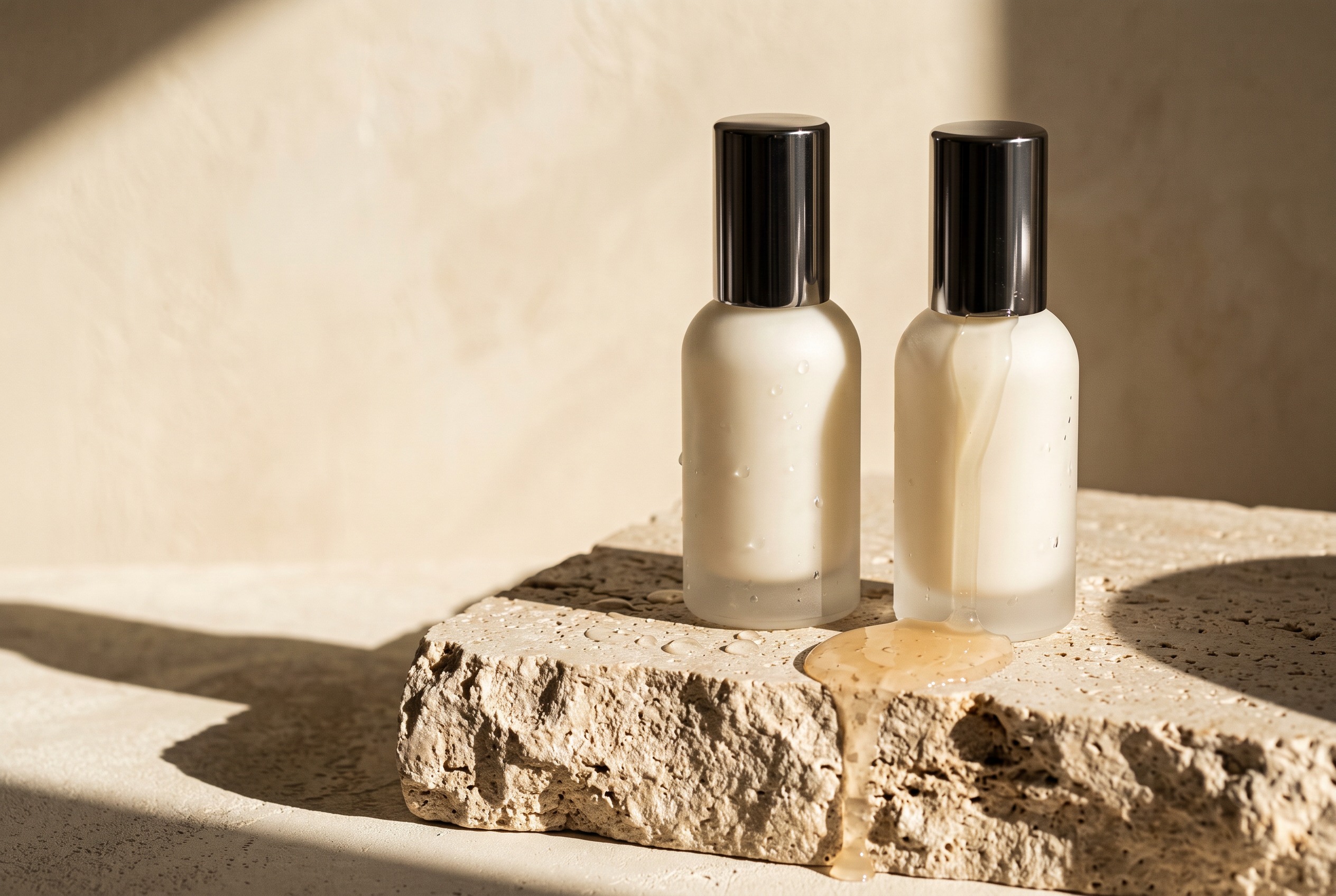 Concept skincare bottles in frosted glass on a sunlit travertine block